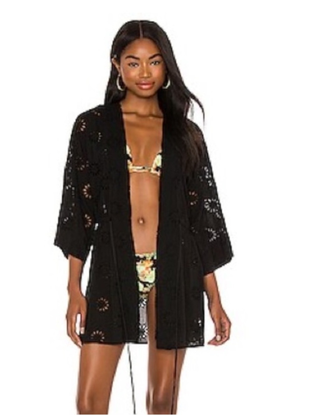 VIX Paula Hermany Laura Black Eyelet Kimono Cardigan M